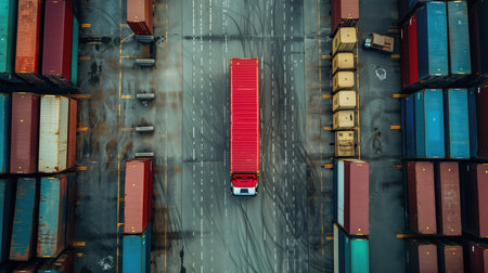 Aerial view of a vehicle navigates a vast warehouseの素材