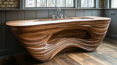 A luxurious wooden bathtub with a sink sits in a bathroom with hardwood flooring and a large window. The wood stain and varnish on the rectangular plank give it a rustic feelの素材