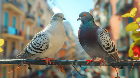 Two stock doves are perching next to each other on a wire, their feathers ruffled by the wind. Their beaks and wings tucked in as they observe their surroundings, with water and rocks below themの素材