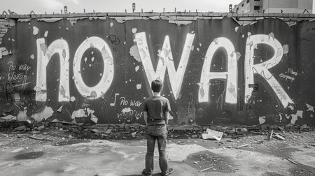 Black and white picture of a man looking at graffiti NO war wallの素材