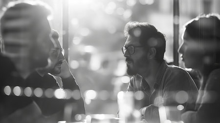 A crowd of people is gathered around computer monitors, sharing art and having fun at an event in the city. Some may have traveled by public transport to get thereの素材