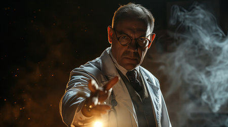 A doctor in a dress shirt with a stethoscope around his neck and facial hair is gesturing a stop sign with his handsの素材