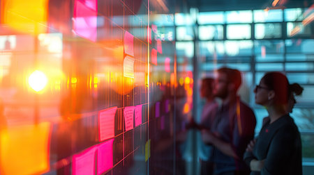 A crowd of people is gathered around computer monitors, sharing art and having fun at an event in the city. Some may have traveled by public transport to get thereの素材