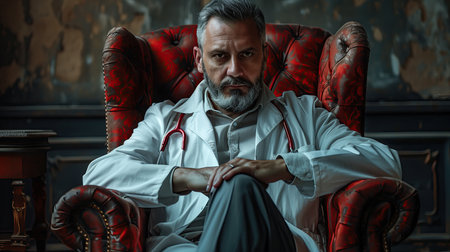 A man with a beard is sharing his art at a visual arts event while sitting in a red chair. The darkness highlights his facial hairの素材