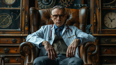 A man with a beard is sharing his art at a visual arts event while sitting in a red chair. The darkness highlights his facial hairの素材