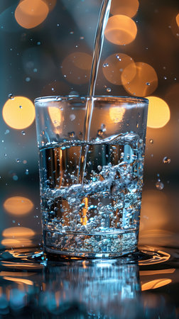 Liquid is poured into a stemware glass on a rocky surface. The drinkware fills up with water, creating a beautiful reflectionの素材