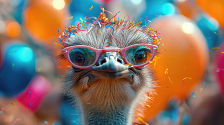 An ostrich in sunglasses and confetti stands in front of balloons at a fun event. The electric blue balloons reflect the terrestrial animal in a playful scene of macro photographyの素材