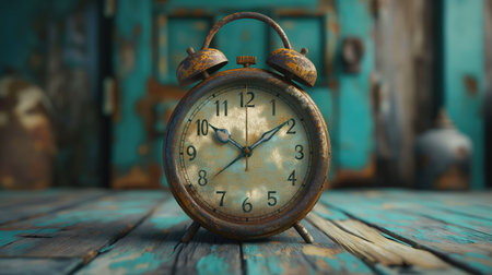 An electric blue alarm clock made of metal and wood is placed on a wooden table. The quartz clock features numbers in a circular fontの素材