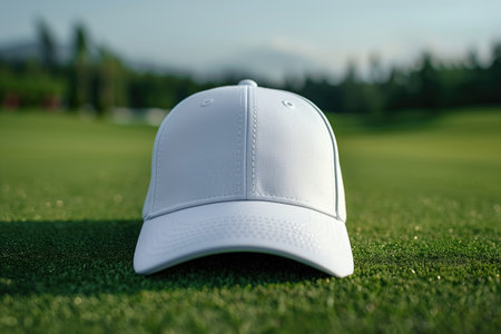 A white baseball cap is placed on the vibrant green grass of a lush meadow under the blue sky, creating a serene natural landscapeの素材
