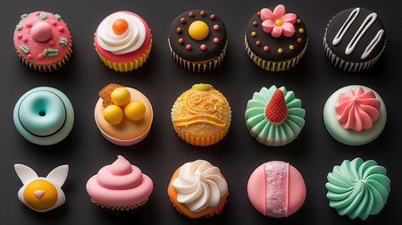 Cupcakes with different flavors on a black background. 3d rendering.の素材
