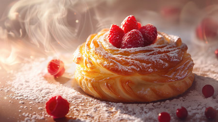 Puff pastry with raspberries and powdered sugar on the tableの素材