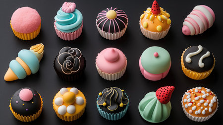Cupcakes with different flavors on a black background. 3d renderingの素材