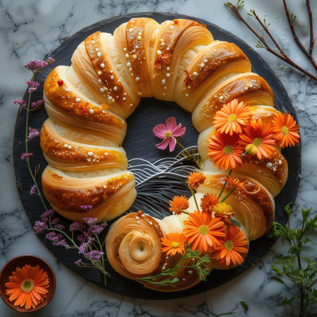 Freshly baked croissant with cream and flowersle backgroundの素材