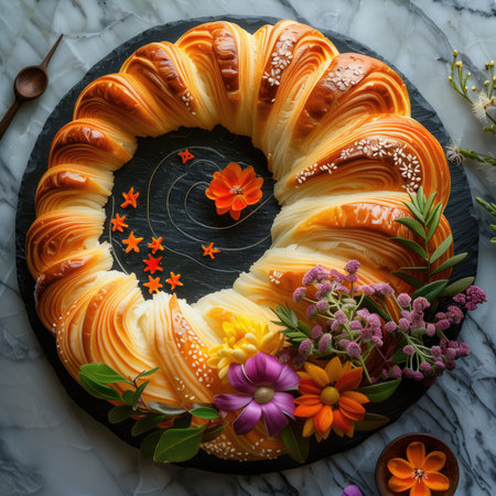 Freshly baked croissant with cream and flowersle backgroundの素材