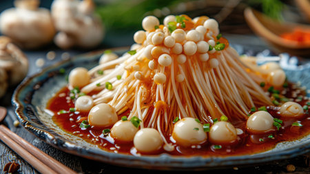 A comforting dish made with terrestrial plant ingredients including mushrooms and sauce, served on a table. A delicious mixture of natural materials in this cuisine recipeの素材