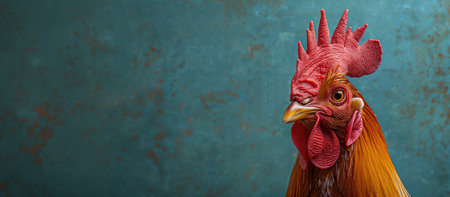 A black rooster with a red comb stands before a blue wall. Agriculture and farming conceptの素材