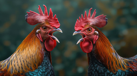 Two Phasianidae birds, or roosters, are standing side by side with their beaks open. Their colorful combs and feathers make them a striking sight in the Galliformes family of poultry organismsの素材
