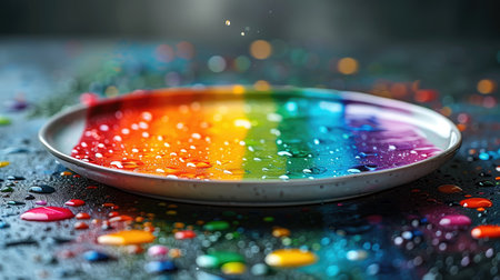 Rain drops falling on colorful ceramic bowl with water droplets on colorful background.の素材