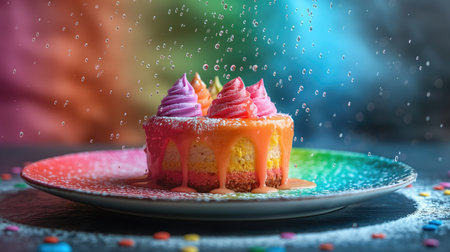 Rainbow cake on a plate with colorful sprinkles on a dark background.の素材