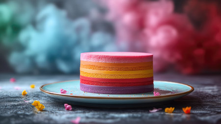 Rainbow cake on a plate with colorful sprinkles on a dark background.の素材