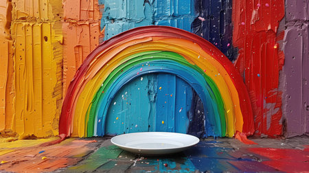 Colorful palette of acrylic paints in bowl on textured background, closeup.の素材