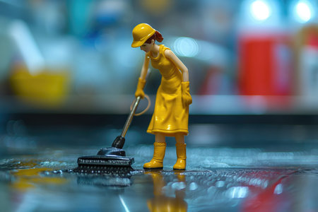 Miniature people cleaning the floor with a broom. Selective focusの素材