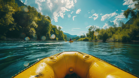 Kayaking on the river in a sunny summer day. Beautiful natureの素材