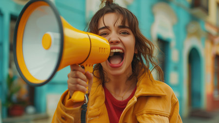 Beautiful young woman with megaphone on a red background. with copy spacの素材