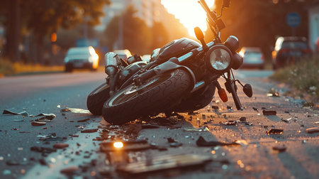 Broken motorcycle on the asphalt road in the rain. The concept of accidenの素材