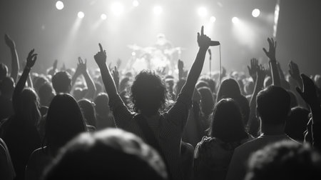 A man stands with raised arms in front of a concert crowd. The event is lively, filled with entertainment, music, and fun, attracting fans to this public music venueの素材