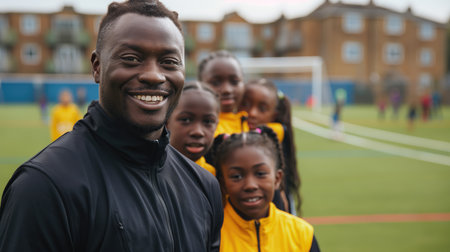 A man is crouching while sharing a soccer ball with a group of happy children on the grass during a leisure event, all wearing shorts and having fun with the sports equipmentの素材