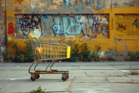 shopping cart, photo Empty shopping cart in front of an old yellow wall with graffitiの素材