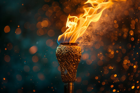 Olympic games torch with flame on dark backgrounの素材