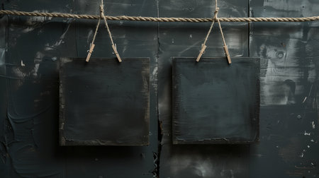 two black paintings in a frame on clothespins hanging on a ropeの素材