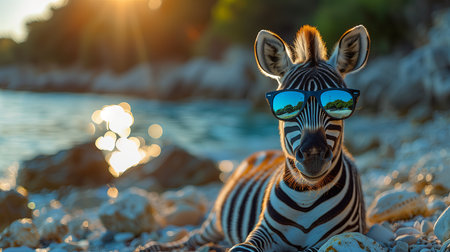 banner with copy space. cow in sunglasses chilling on sea, summer conceptの素材