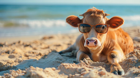 banner with copy space. cow in sunglasses chilling on sea, summer concepの素材
