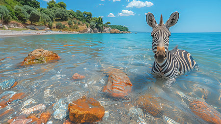 banner with copy space. cow in sunglasses chilling on sea, summer conceptの素材