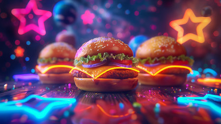 the universe with planets, stars, and galaxies, transformed into fast food styled like neon lightsの素材