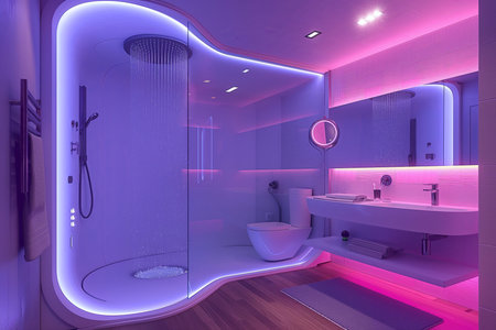 Futuristic Smart Bathroom with Voice-Activated Features and Digital Showers Systemの素材