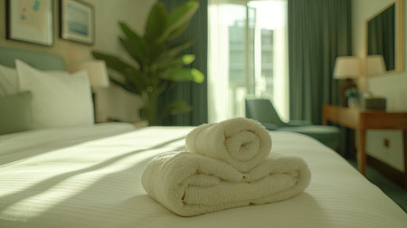 neatly folded white hotel towels lying on a white bed in the hotel roomの素材