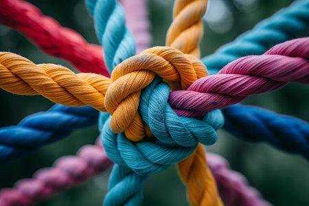 A group of colorful ropes coming together to form a direction arrow. Teamwork concepの素材