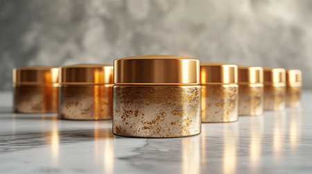 row of cosmetic cream jars in luxury design gold color on white backgroundの素材