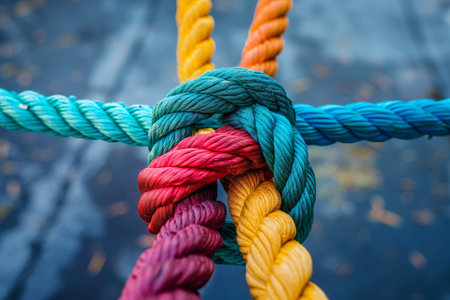 A group of colorful ropes coming together to form a direction arrow. Teamwork concepの素材