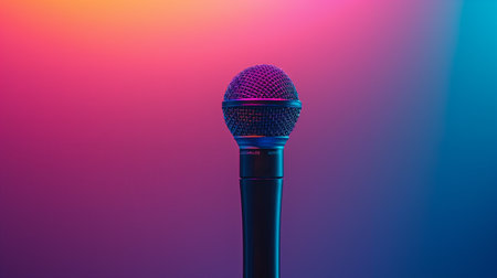 Lively Singing microphone on colorful background. Concert and karaoke musical mic equipmentの素材
