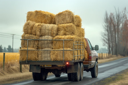 a dozen bails of hay on the back of a pickup trucの素材