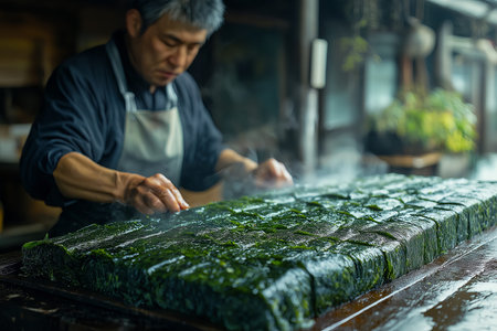 Sushi Chef Making Sushi in the restaurant kitchen. Man working with nori sheeの素材