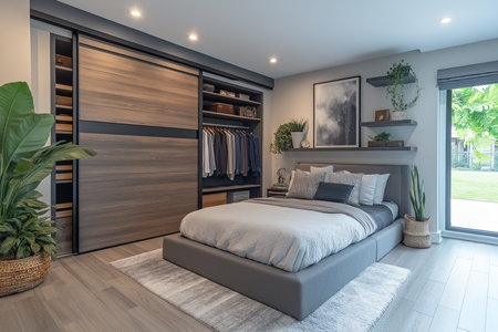 a spacious modern bedroom with a large bed and Modern sliding door closet interiorの素材