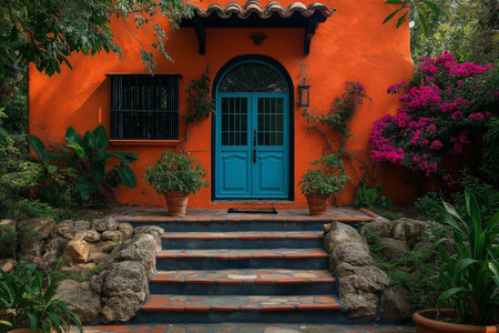 Beautiful orange house with blue door, entrance and flowers in the gardeの素材