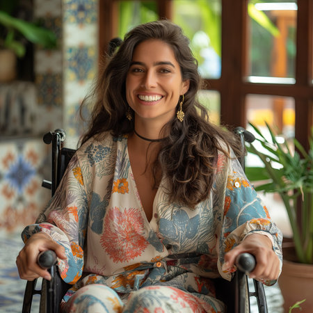 Portrait of a smiling young woman sitting in a wheelchair at hoの素材
