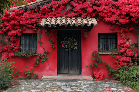 entrance of a red fabulous house in red roses. High quality photoの素材